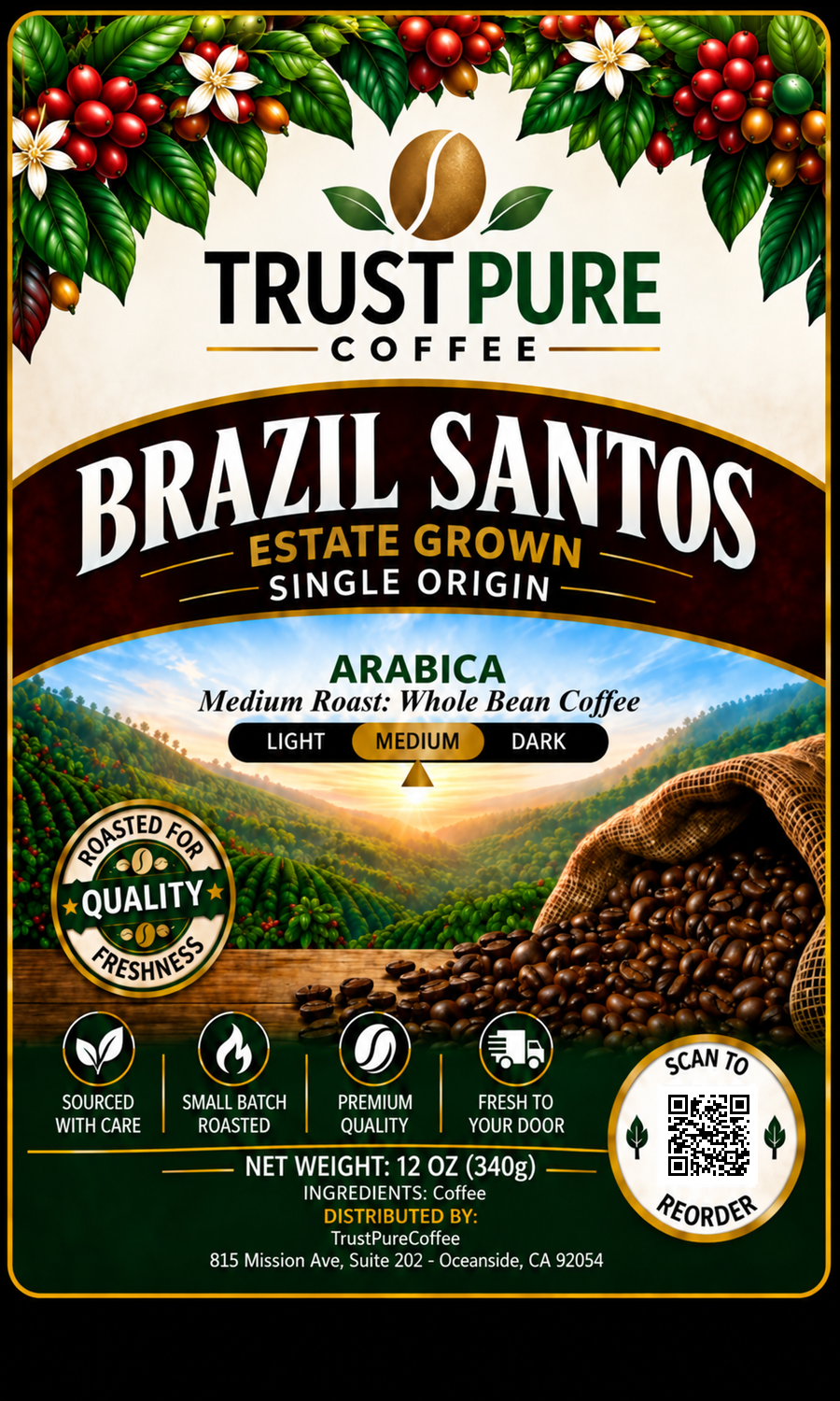 Brazil Santos Coffee | Medium Roast Single Origin | TrustPureCoffee