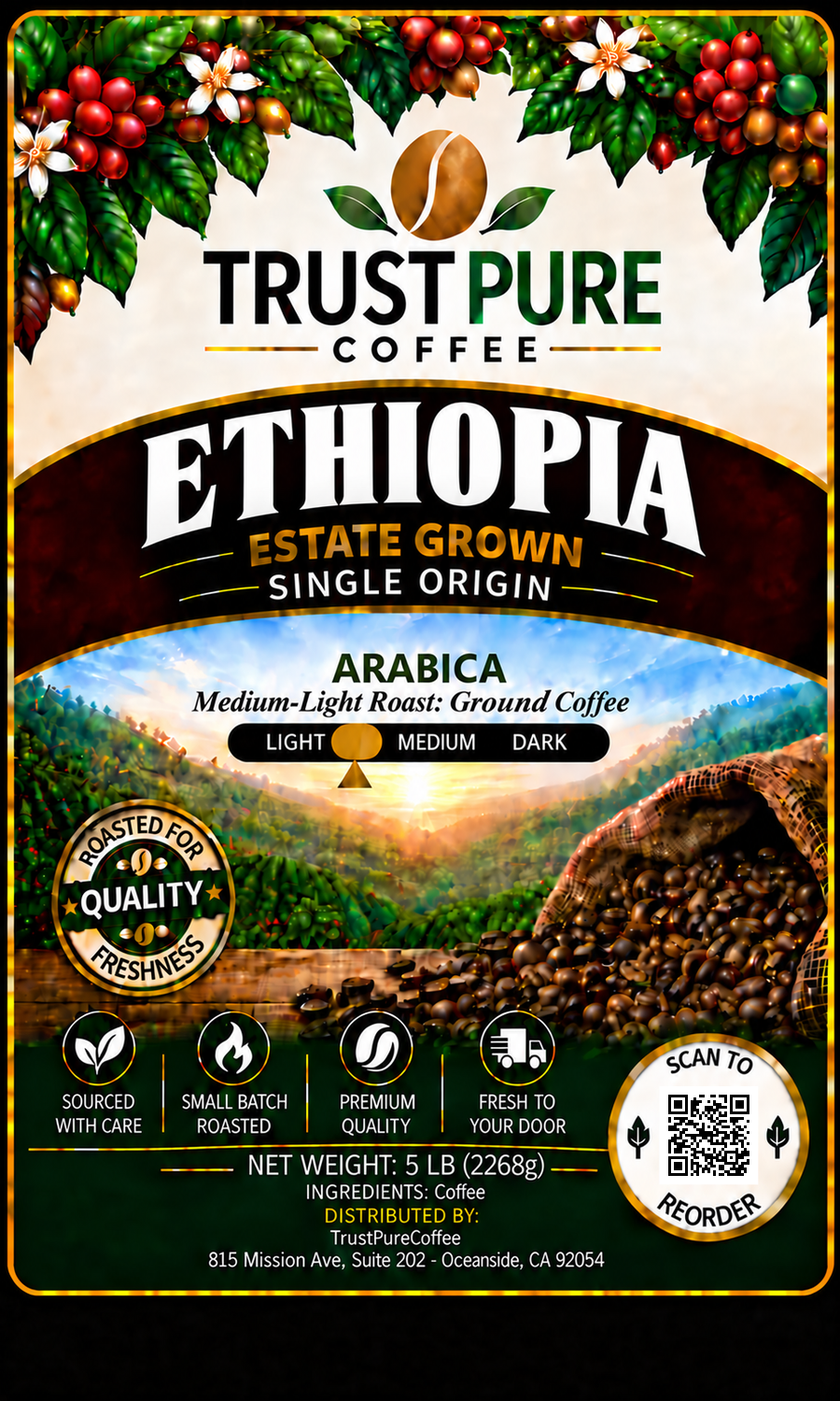Ethiopian Coffee | Natural Medium-Light Roast Single Origin | TrustPureCoffee