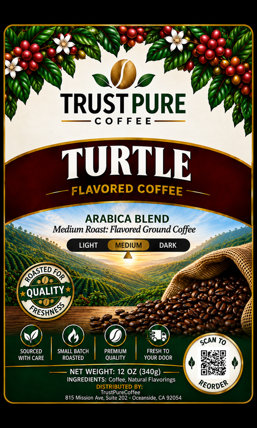 Chocolate Turtle Flavored Coffee | Chocolate Caramel Pecan Coffee | TrustPureCoffee