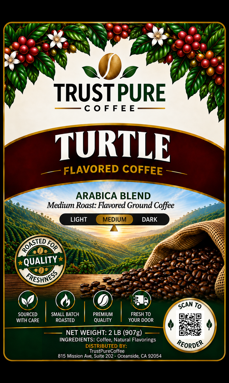 Chocolate Turtle Flavored Coffee | Chocolate Caramel Pecan Coffee | TrustPureCoffee